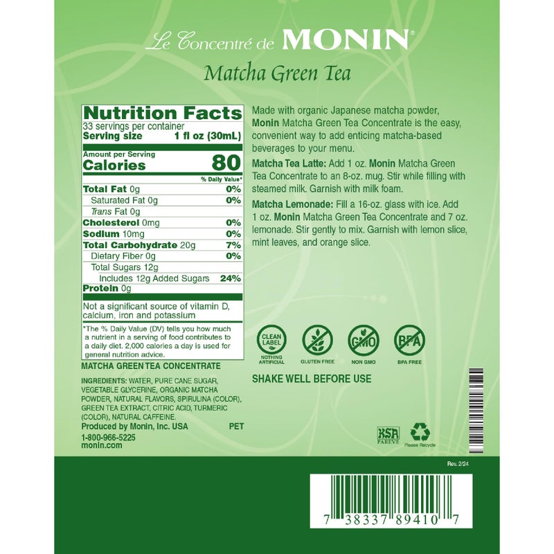 Monin - Matcha Green Tea Concentrate, Made with Organic Japanese Matcha Powder, 40mg Caffeine Per Serving, Great for Matcha Lattes, Lemonades, & Desserts, Non-GMO, Gluten-Free (Plastic, 1 Liter) - Image 2